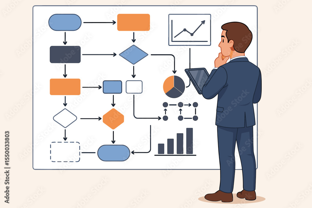 Poster business analyst studying complex flowchart, data analysis, process optimization, workflow planning,