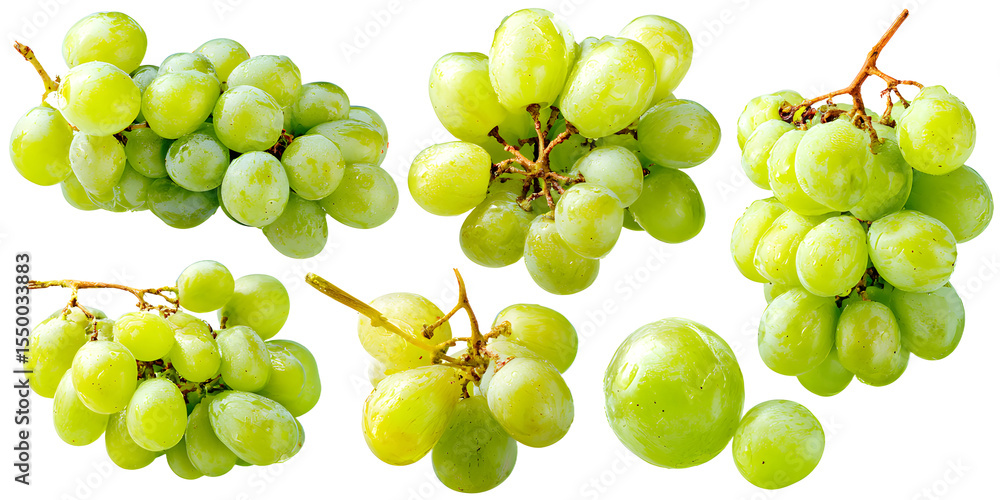 Poster cluster of ripe green grapes displayed separately on a transparent background showing various shapes