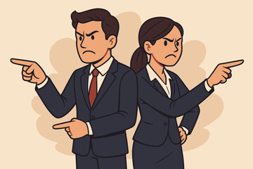 Business partners in disagreement. Angry man and woman pointing in opposite directions. Concept for corporate conflict of interest, partnership dispute, confrontation, and opposing views.