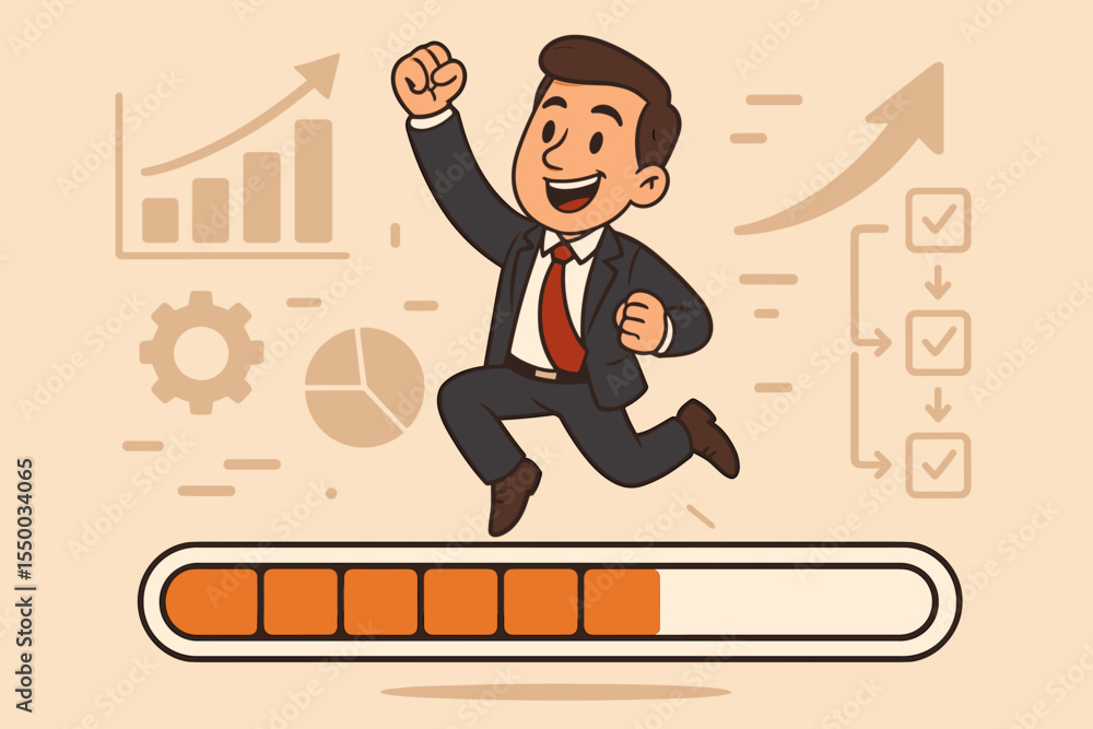Poster businessman achieving company goals, a concept of organizational workflow. metaphor for business pro
