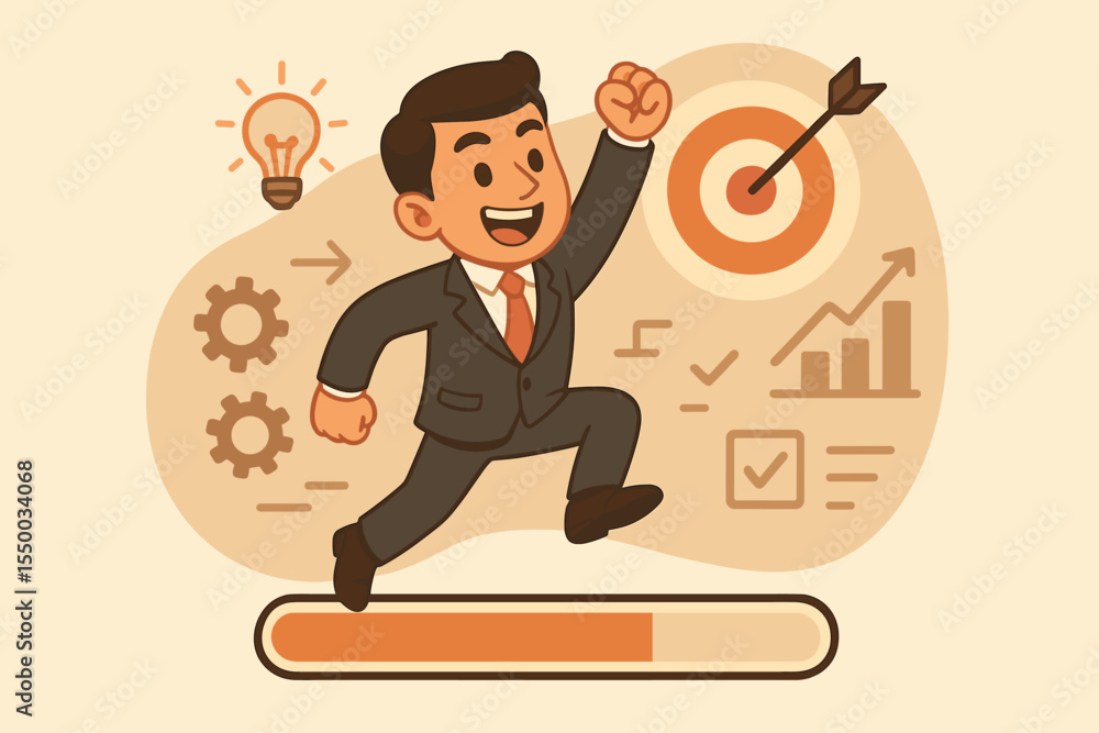 Poster business success metaphor with a businessman running on a progress bar towards a target. concept of 