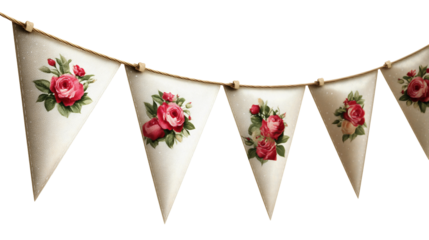 Bunting banner, pennant flags, vintage pink rose floral embroidery hanging on rope with wooden clothespins on transparent background, wedding party decoration shabby chic png.