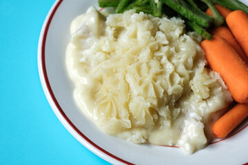 Traditional Tasty Baked Fish Pie With Carrots And Runnner Beans
