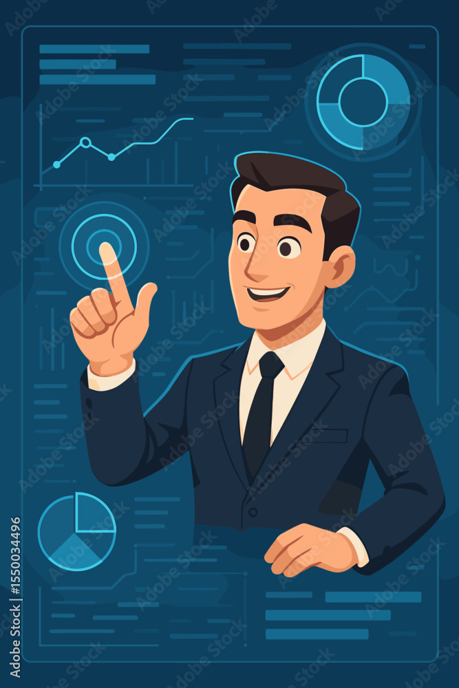Poster businessman in suit using futuristic virtual interface, touch screen with data charts, analytics, te