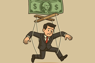 Businessman as marionette puppet controlled by money, concept of financial manipulation, corruption, bribery, greed, capitalism, corporate control, unethical business, power and influence vector
