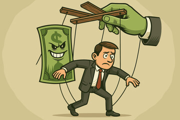 Manipulated businessman as marionette puppet controlled by sinister money. Greed, corruption, bribery, financial manipulation, capitalism metaphor. Vector cartoon, power control in business concept