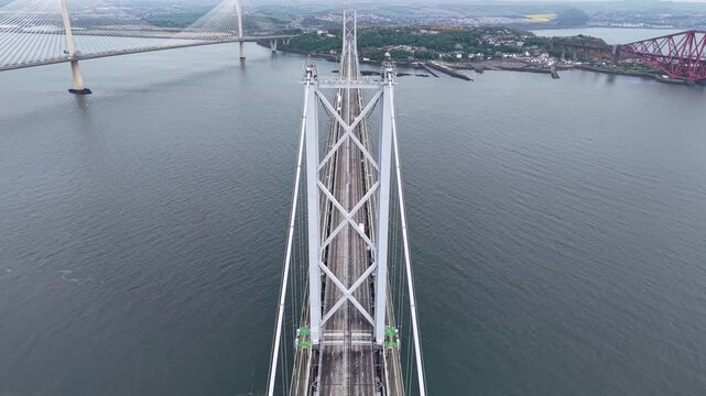 Aerial shot of Forth Road Bridge across Firth of Forth, Scotland, United Kingdom