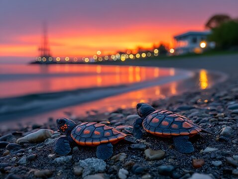 Baby turtles on beach at sunset