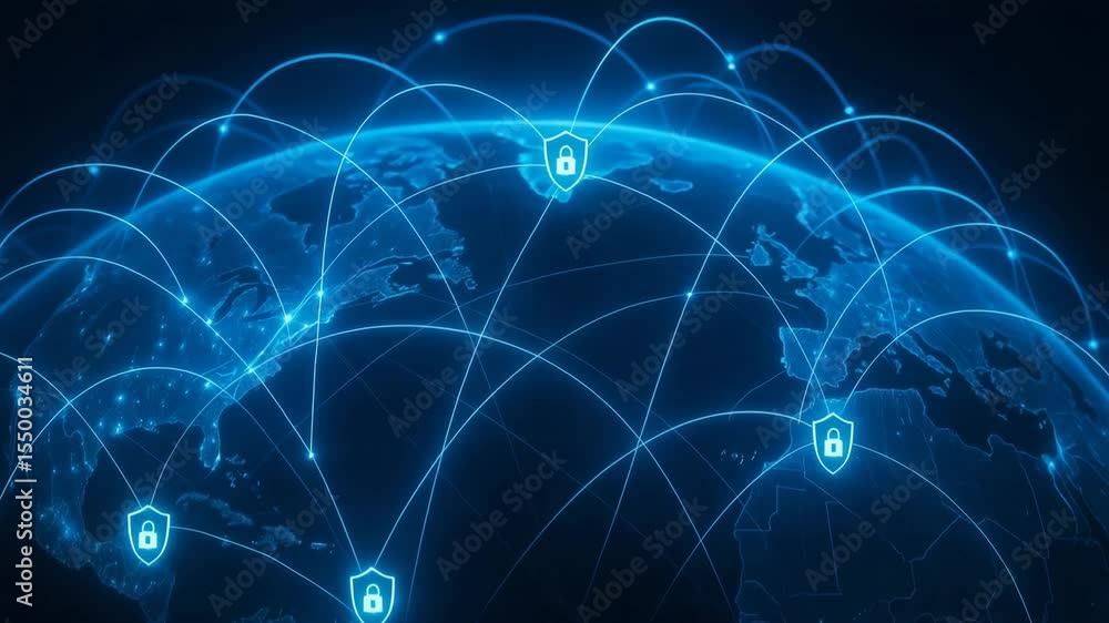 Poster a digital illustration depicting global connectivity and cybersecurity, showcasing a network of secu