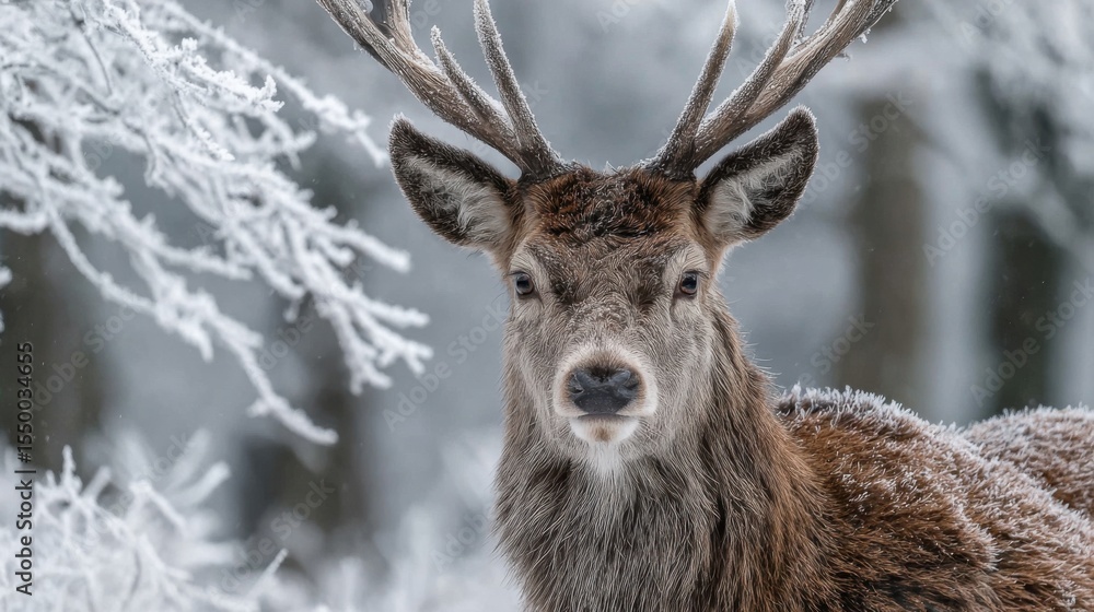 Poster a stag with impressive antlers gazes calmly in a snowy forest. frost clings to the branches, creatin