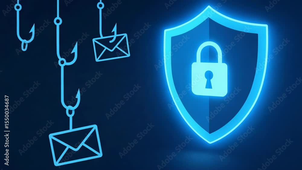 Poster a digital illustration depicting cybersecurity with a shield and lock symbol, protecting against phi