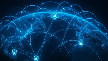 A digital illustration depicting global connectivity and cybersecurity, showcasing a network of secure connections across the globe with locks symbolizing data protection. - Powered by Adobe