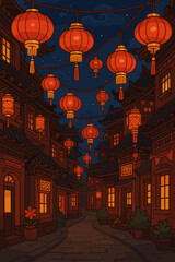 Vibrant Chinese Lantern Festival Night Scene, Traditional Chinatown Streets Illuminated by Red Lanterns, Festive Decorations, Asian Architecture, Vector Cartoon Illustration