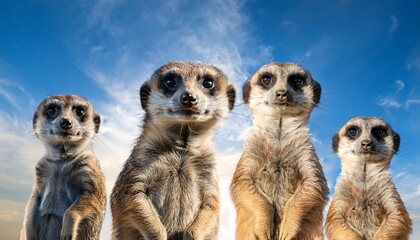 several meerkats staring at the viewer with curious expressions against a blue sky background