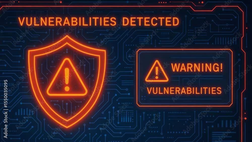 Poster a blue digital background features a security shield with a warning sign indicating detected vulnera