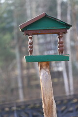 Rustic wooden bird feeder with green accents