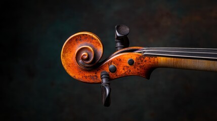 A stunning close-up of a vintage violin’s scroll and strings, highlighting the craftsmanship and artistic nature of music-making, resonating with elegance and tradition.