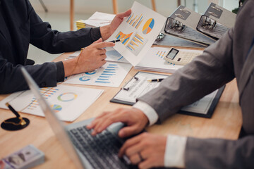 Business team discuss and explain marketing plan to plan financial strategy for business owner...