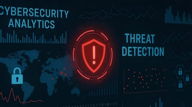 A visual representation of cybersecurity analytics showcasing threat detection, featuring graphs, maps, and security icons to convey data protection and monitoring.
