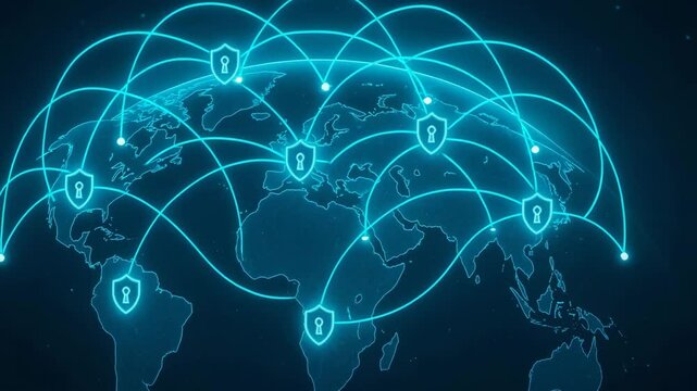A digital representation showcasing global interconnectedness and security with network lines connecting various locations, symbolizing online safety and data protection.