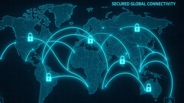 A modern illustration showcasing secured global connectivity with a network of locked connections across a world map, symbolizing safety in digital communications.