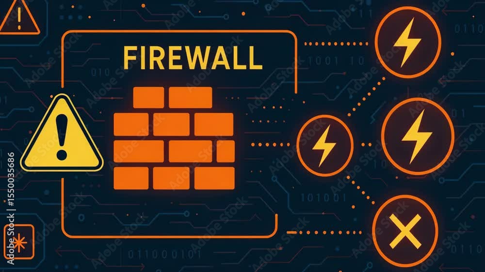 Poster a visual representation of a digital firewall system, featuring a brick wall icon and warning signal