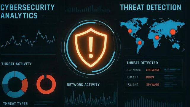 Visual representation of cybersecurity analytics with threat detection metrics, network activity graphs, and a world map highlighting threat locations for enhanced digital security