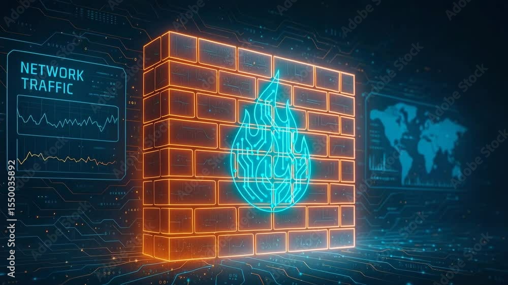 Poster a futuristic digital representation of a firewall, showcasing a glowing flame icon amidst data flow 