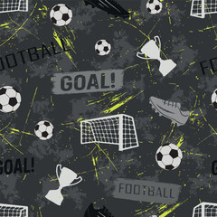 Grunge-style football pattern with soccer elements like balls, cleats, trophies, and goals. Gray textured background with yellow accents. Ideal for sportwear, prints, and fashion use.