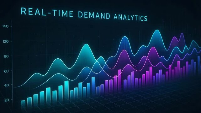 A sleek, modern visualization of real-time demand analytics featuring various data chart elements in vibrant blue and purple tones, representing dynamic market insights and trends.