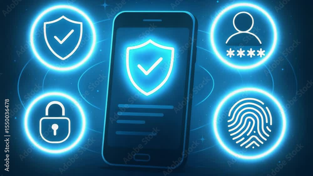 Poster a modern smartphone showcasing digital security features, including encryption, fingerprint recognit