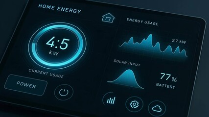 A sleek digital energy monitor displaying real-time home energy usage, battery status, solar input, and efficiency metrics for smart energy management and sustainability. - Powered by Adobe