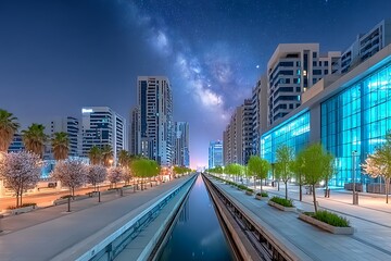 Fototapeta premium City canal at night, starry sky
