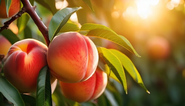 ripe sweet peach fruits on the tree