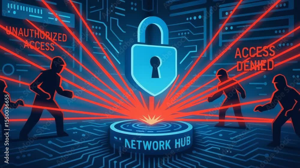 Poster a digital illustration of cybersecurity concepts featuring a padlock, with red beams signifying unau