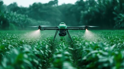 A drone is actively spraying pesticide over a lush green field, showcasing advanced agricultural technology for effective crop management and pest control.