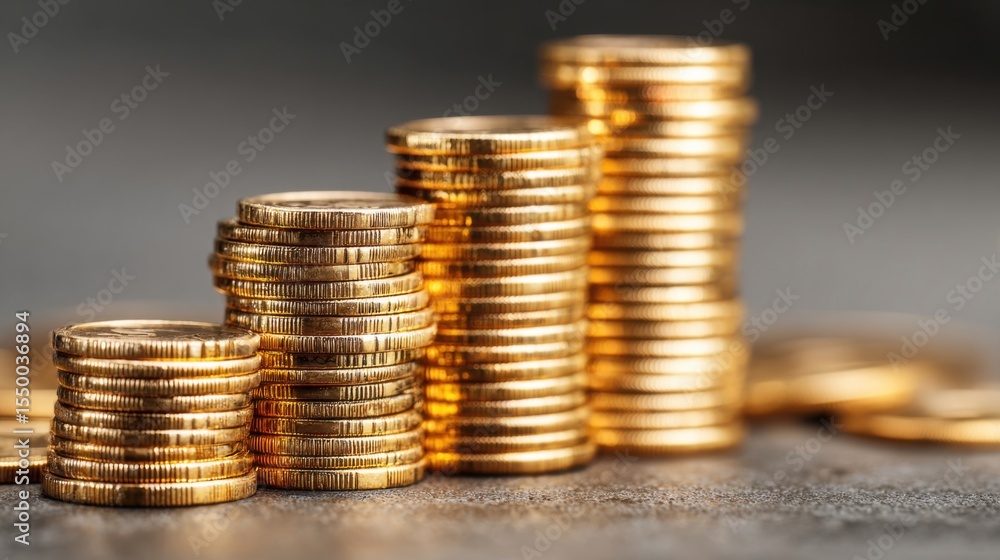 Poster gleaming gold coins are carefully stacked in multiple groups of different heights, reflecting light 