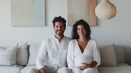Heartwarming image of a joyful couple sitting comfortably on a couch, celebrating their pregnancy milestone, conveying happiness, love, and anticipation for their future.