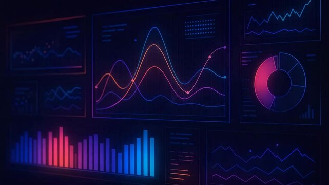 This vibrant digital dashboard features colorful graphs and charts displaying data trends and statistics, ideal for showcasing modern technology in data analysis and visualization.