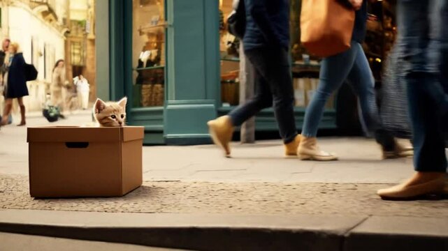 Street kitten sitting near shop entrance watching people walk by, urban daylight scene. Concept of unnoticed life and contrast