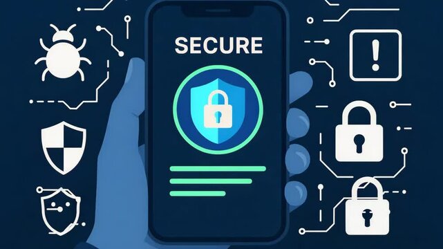 A digital illustration highlighting mobile phone security features. The image displays a secure lock icon, signaling the importance of cybersecurity in everyday technology usage.
