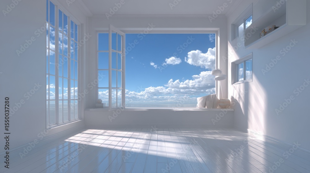 Poster a spacious, minimalistic room features a large open window that showcases a stunning view of a clear