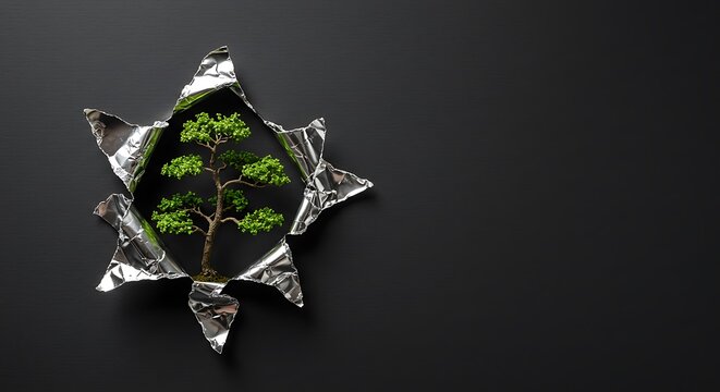 Bonsai tree emerges from a star shaped opening in crumpled aluminum foil