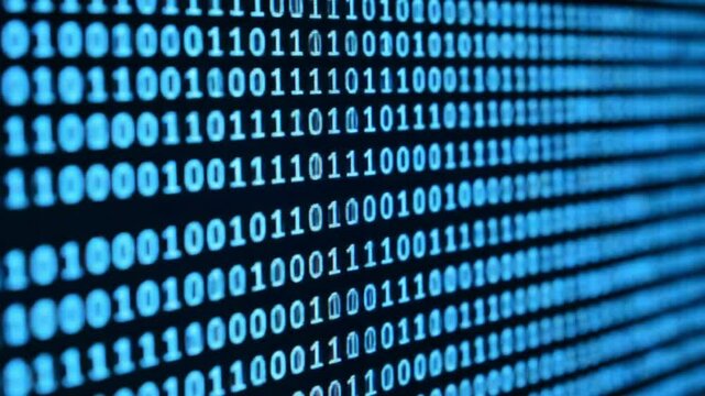 Blue binary code streams with ones and zeros on a dark background in a digital computer system