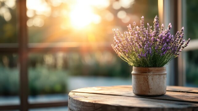 A beautiful bunch of blooming lavender in a rustic pot sits on a wooden table, illuminated by the golden light of the setting sun, creating a serene atmosphere.