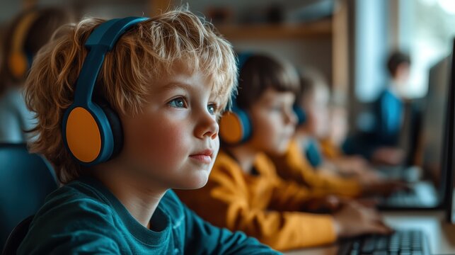 A focused child wearing headphones engages with learning activities alongside peers in a classroom, showcasing the modern educational environment driven by technology.