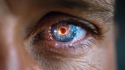 Close-up of a human eye with futuristic digital holographic interface elements reflecting in the iris