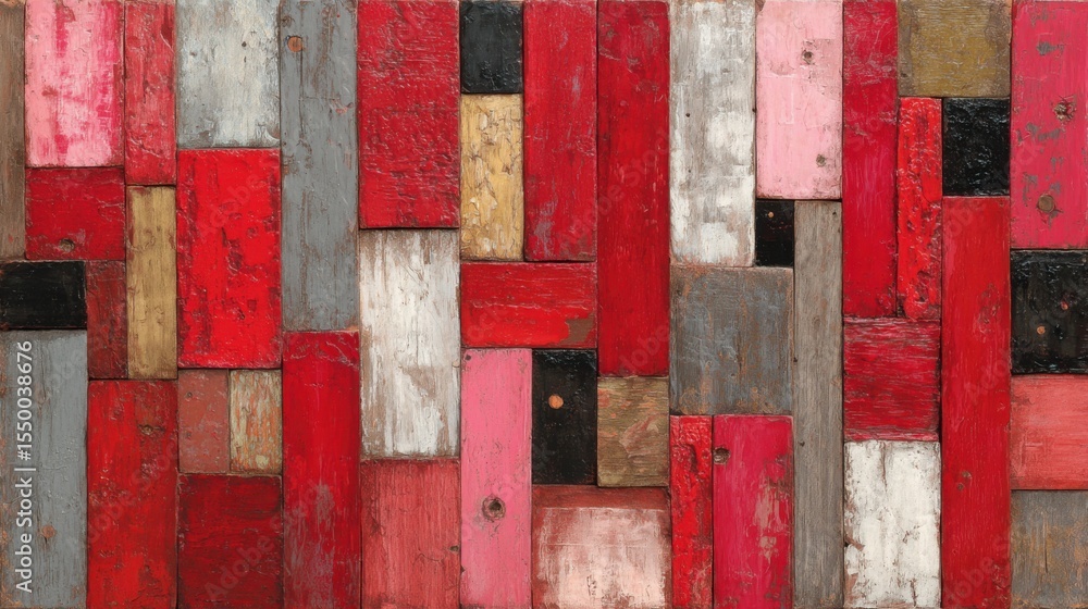 Poster a vibrant composition of wooden blocks is arranged in an abstract pattern. the colors range from dee