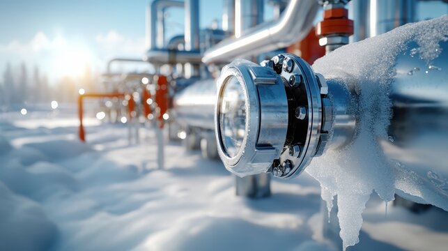 An industrial pipeline covered in ice in a winter landscape, symbolizing the intersection of nature and industry in a visually striking manner, conveying a sense of cold resilience.
