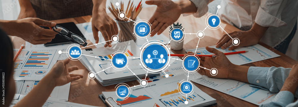 Poster engaging business meeting with a focus on collaboration, showcasing hands presenting data charts and